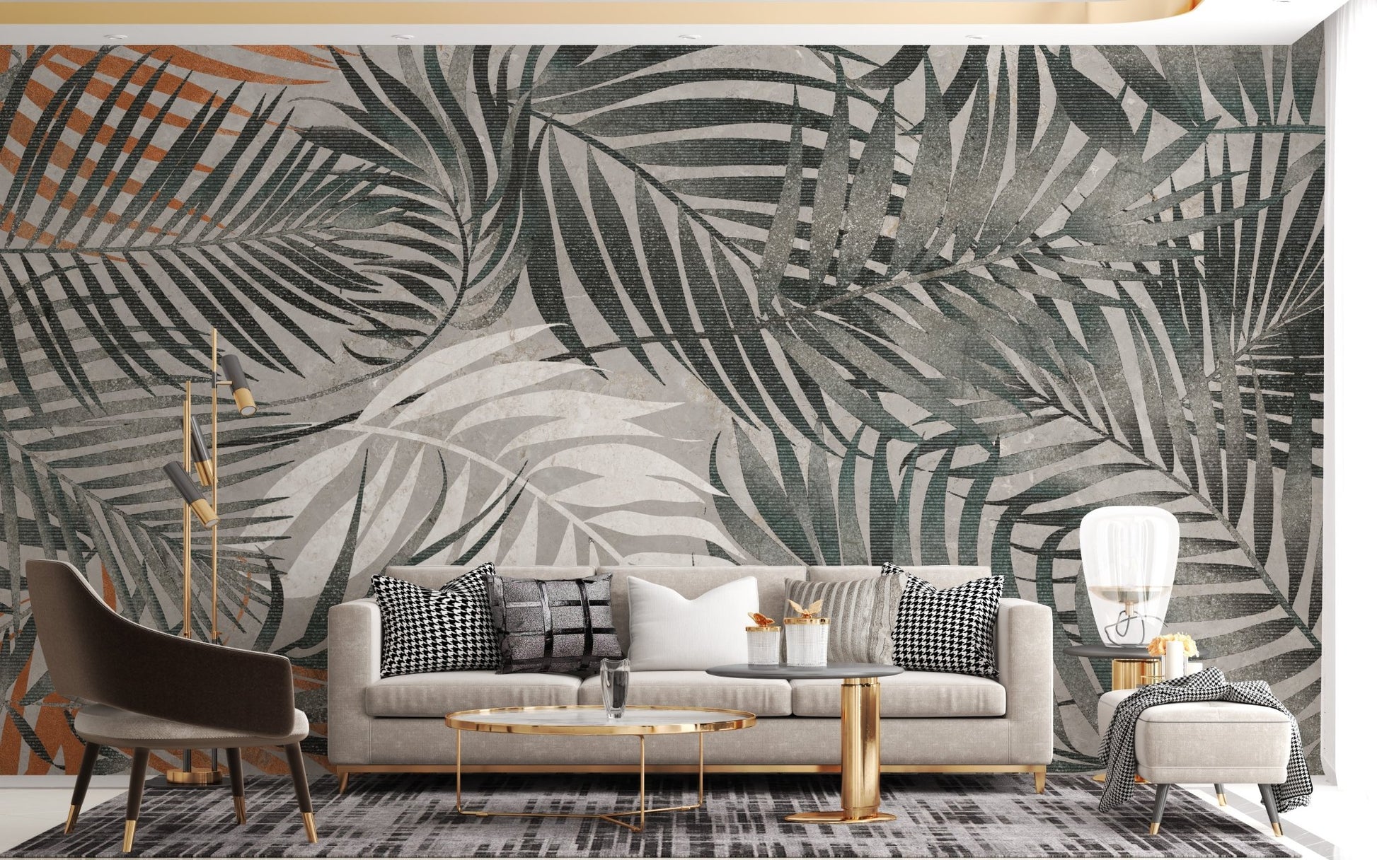 Contemporary seating area with a grey tropical wall mural.