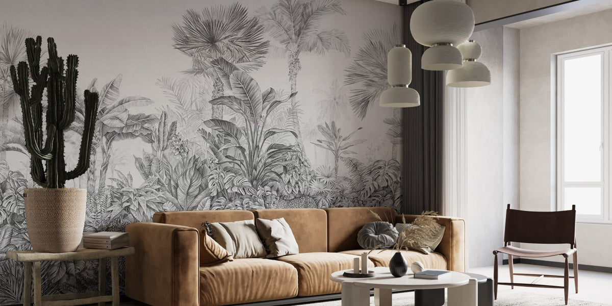 Vintage botanical wallpaper with realistic leopard illustrations.
