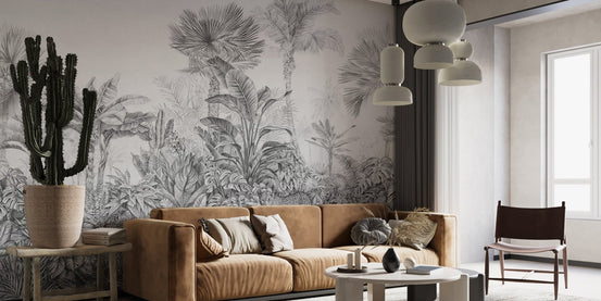 Vintage botanical wallpaper with realistic leopard illustrations.