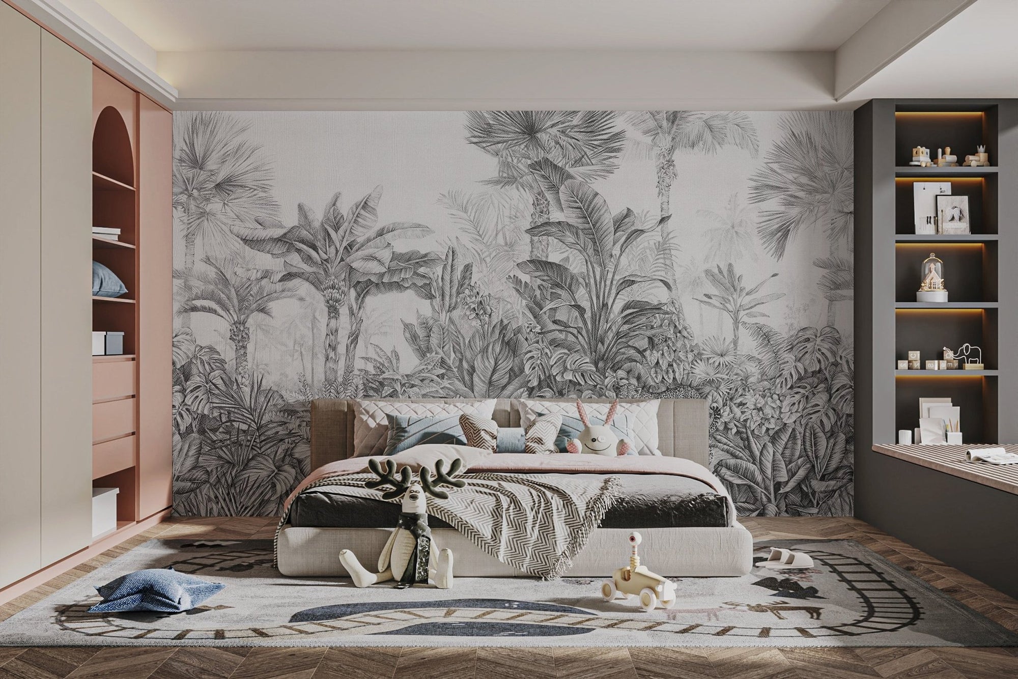 Grey tropical leopard jungle wallpaper with etched palm trees.