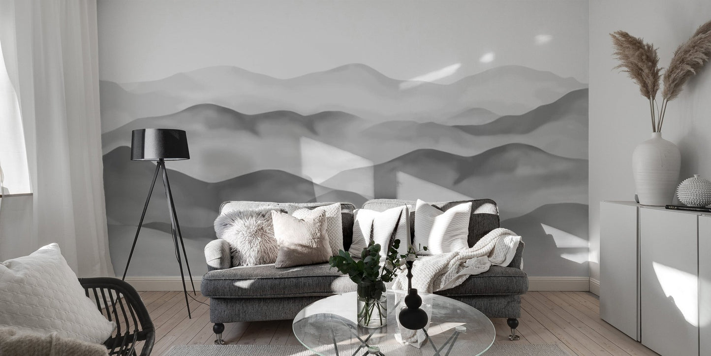 Faded ink wash mountain scenery wall mural in light grey