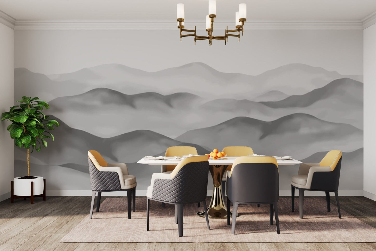 Ethereal misty summit wallpaper in light and dark grey hues.
