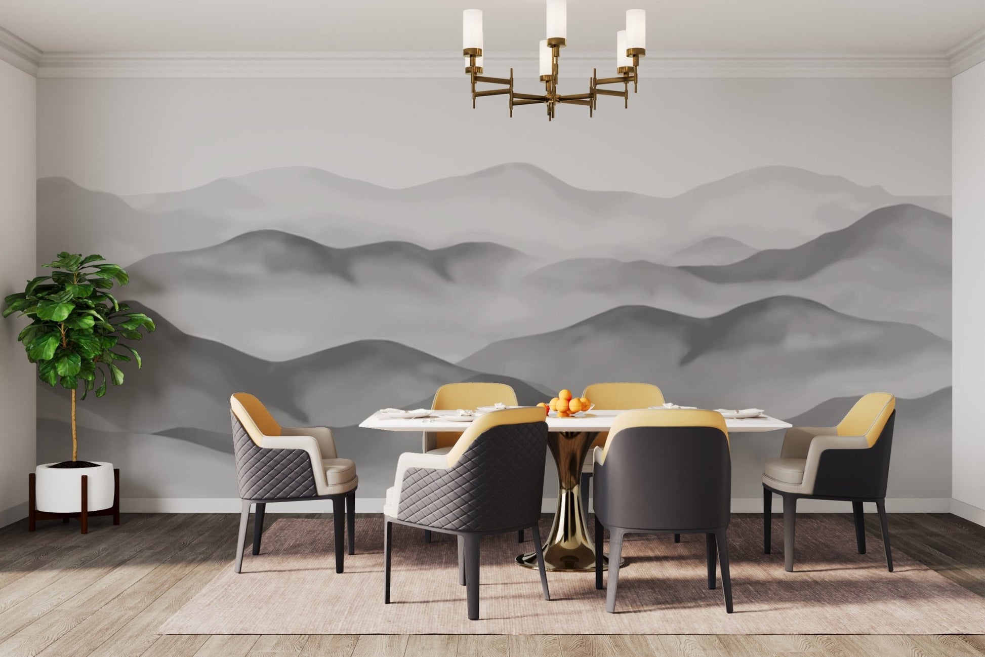 Ethereal misty summit wallpaper in light and dark grey hues.