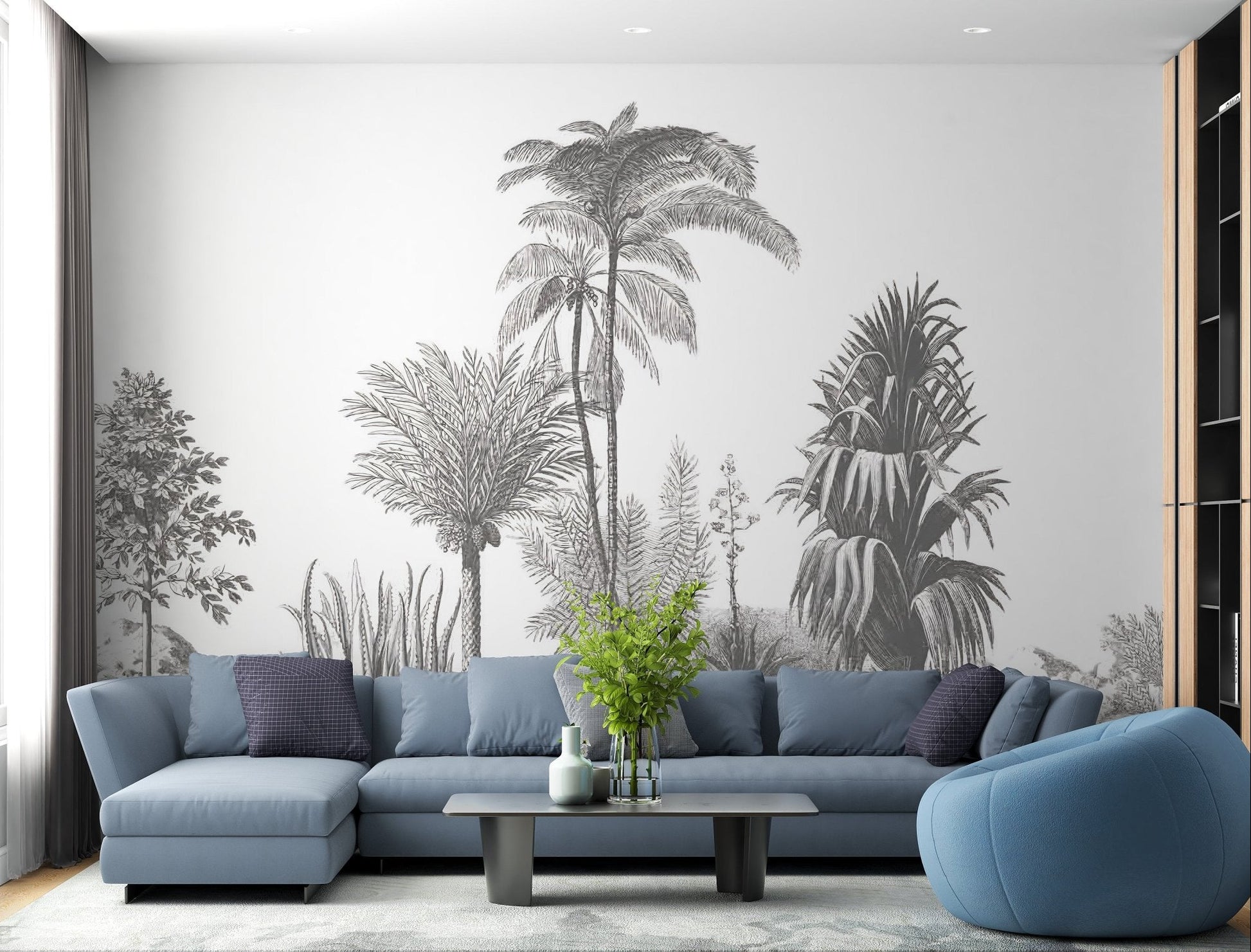 Greystone wall mural showcasing palm tree designs in living room.