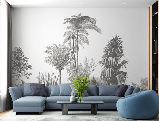 Greystone wall mural showcasing palm tree designs in living room.