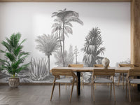 Grey palm mural with tropical elegance in large dining room.