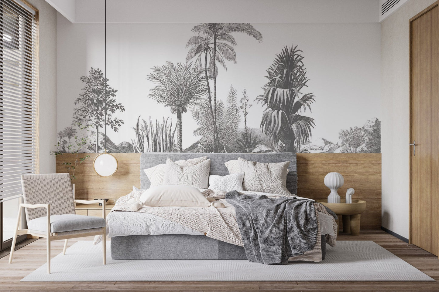 Tropical palm paradise mural in muted greys tone  for in spacious bedroom.
