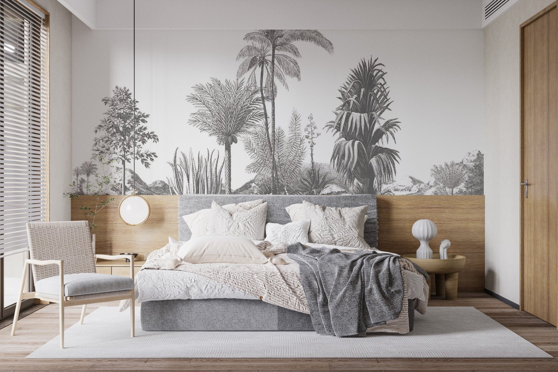 Tropical palm paradise mural in muted greys tone  for in spacious bedroom.
