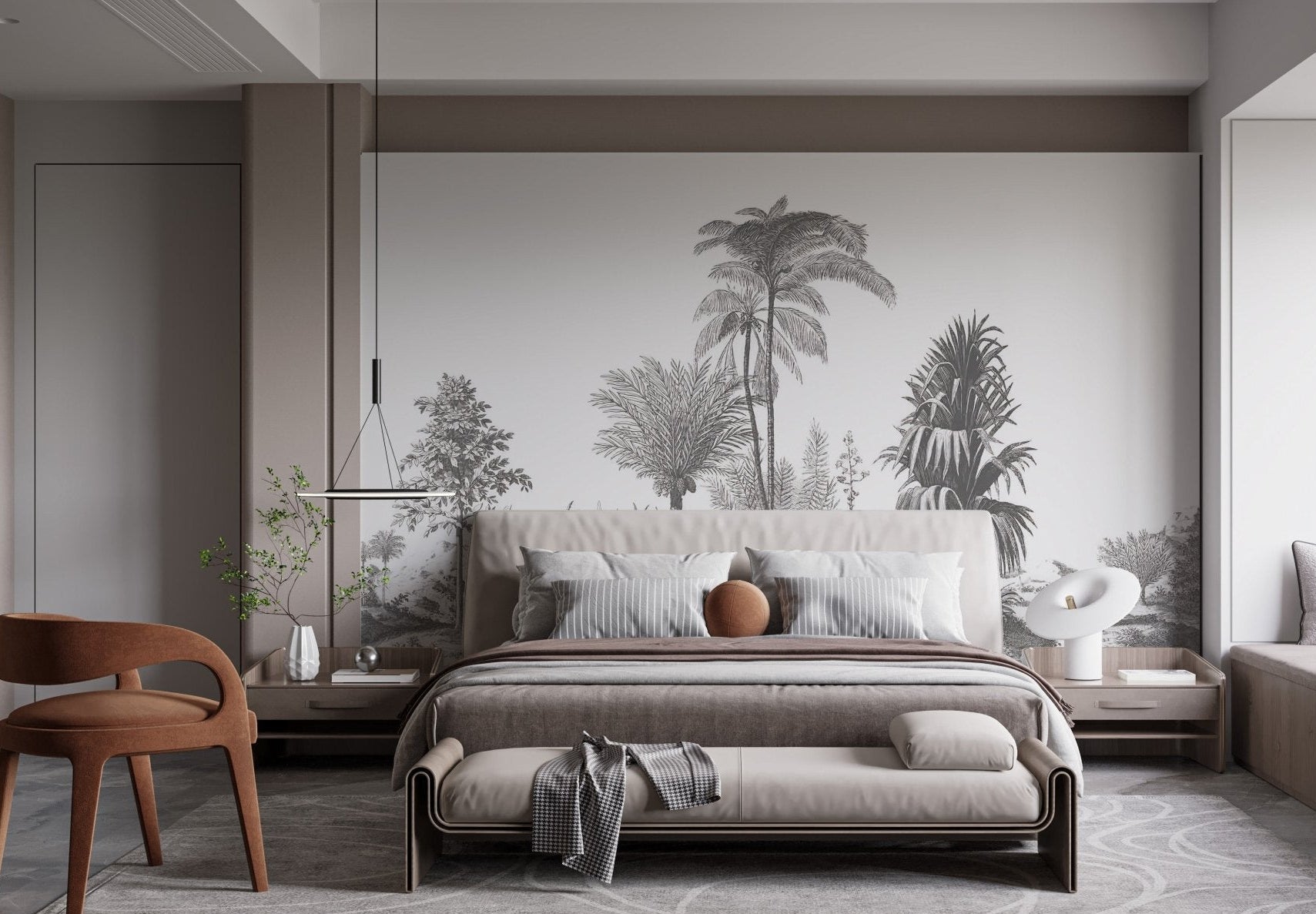 Serene palm tree mural with greystone tones in minimalist sleeping area.