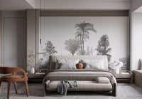 Serene palm tree mural with greystone tones in minimalist sleeping area.