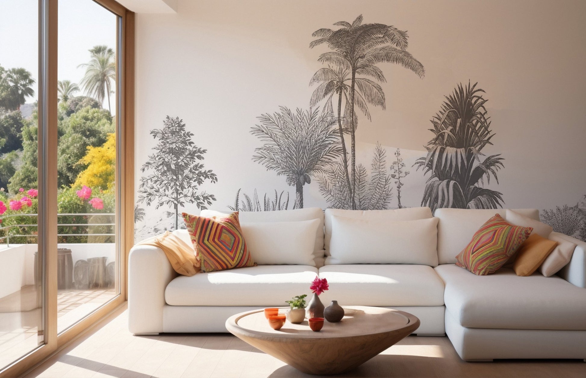 Greystone palm mural with a serene vibe in living room.