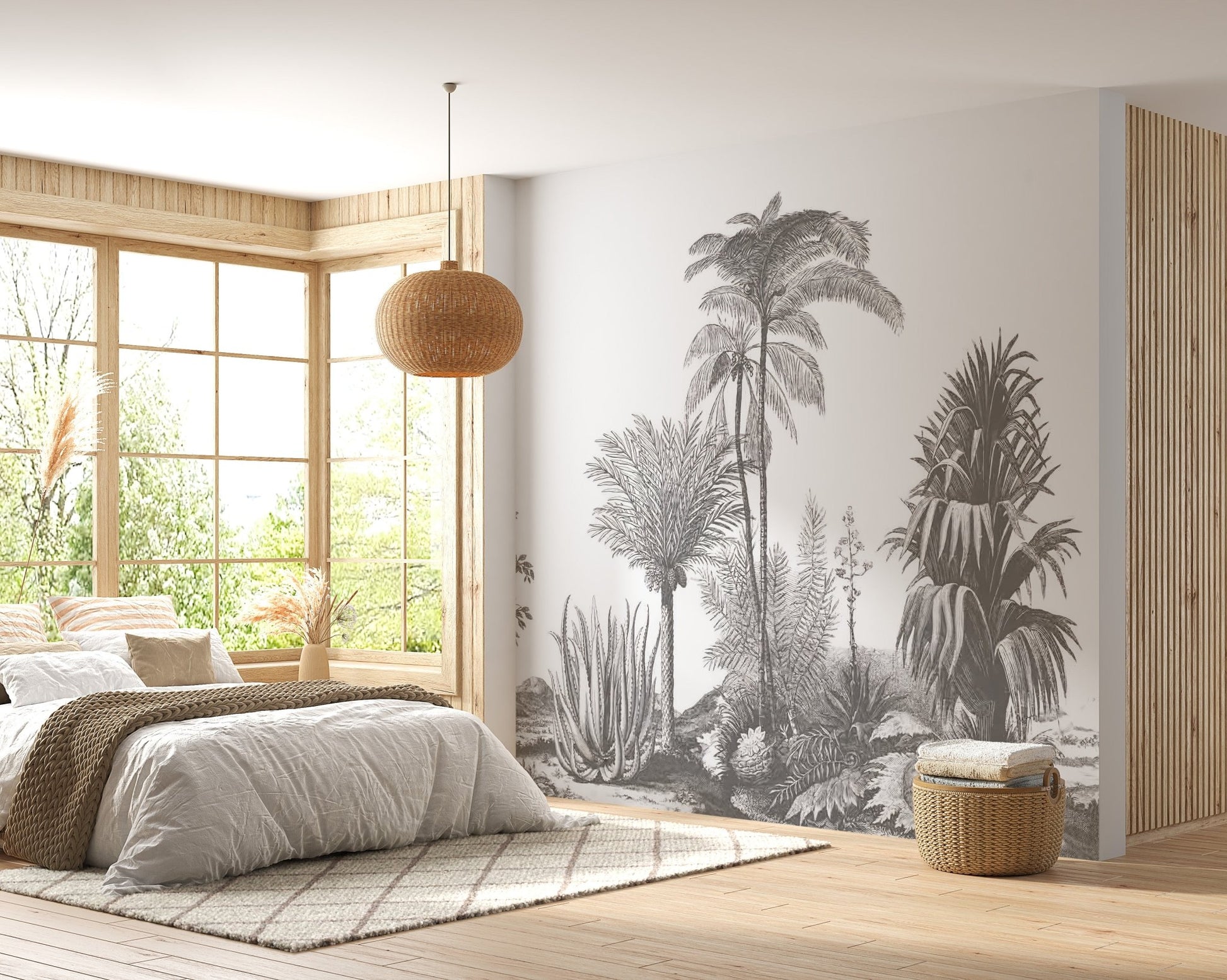 Stylish greystone palm wall mural in sunlit bedroom.