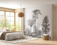 Stylish greystone palm wall mural in sunlit bedroom.