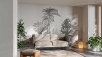 Elegant palm paradise wall mural in grey tones for living area.