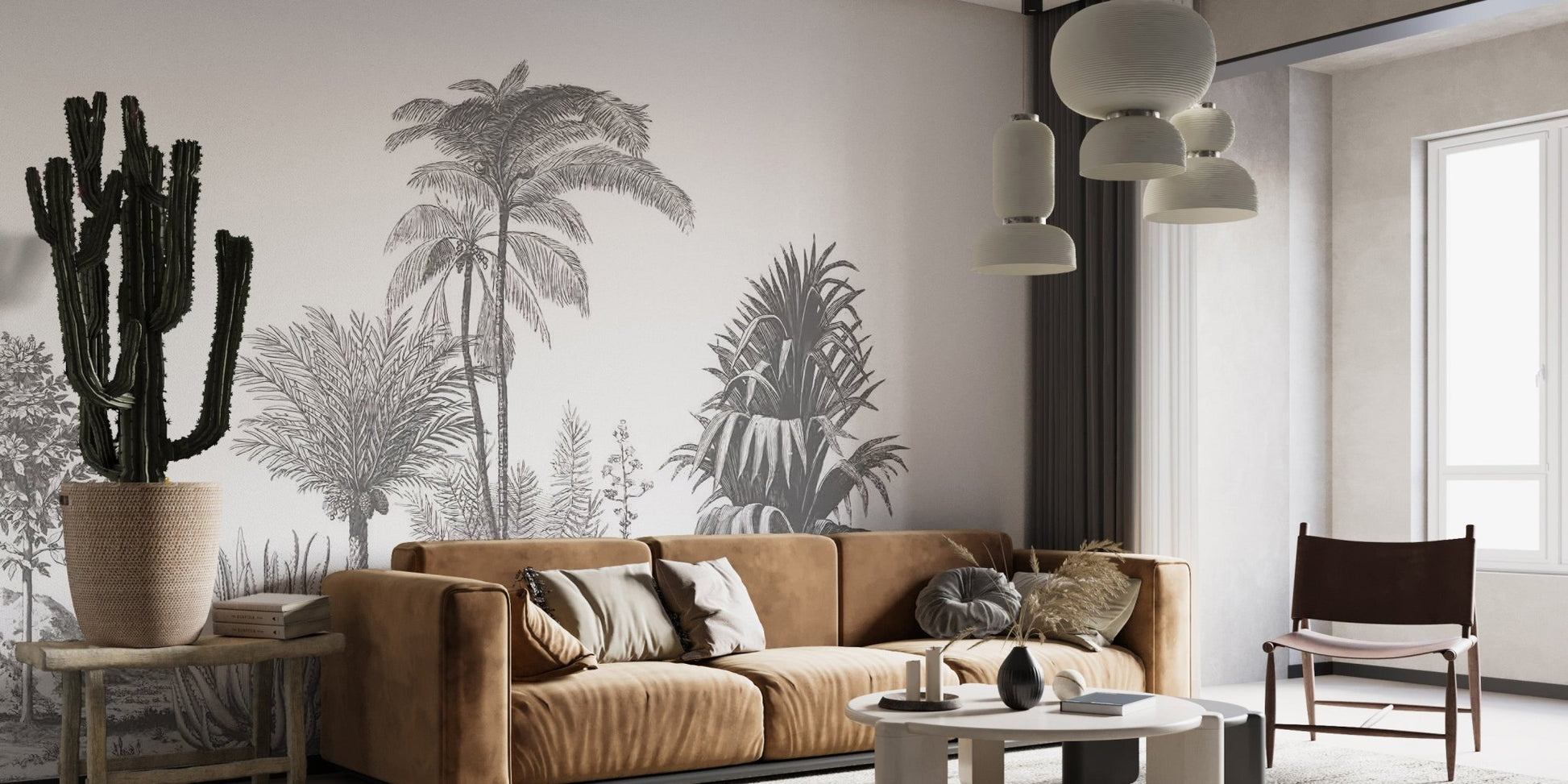 Grey palm tree wall mural in contemporary living area.