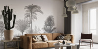 Grey palm tree wall mural in contemporary living area.