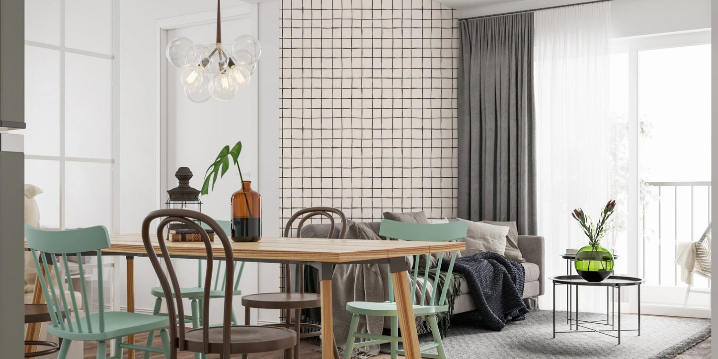 Hand-sketched black grid for modern wallpaper murals