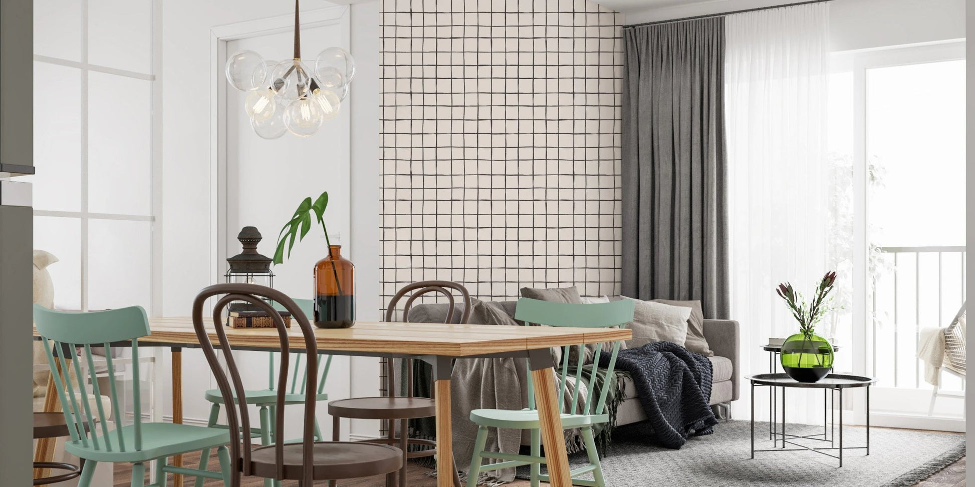 Hand-sketched black grid for modern wallpaper murals