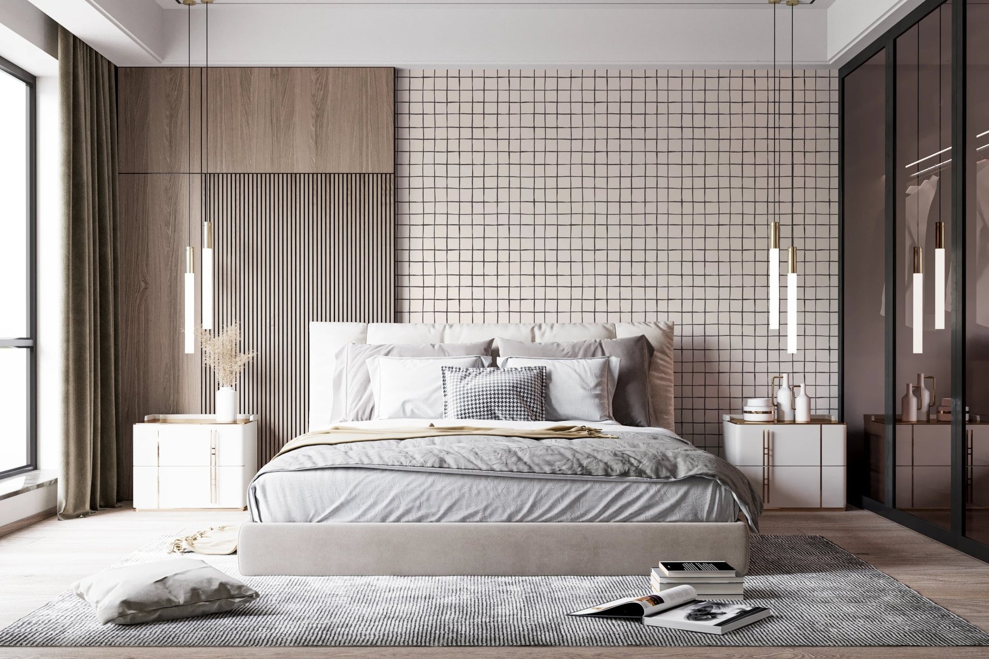 Soft hand-drawn lattice in wallpaper murals