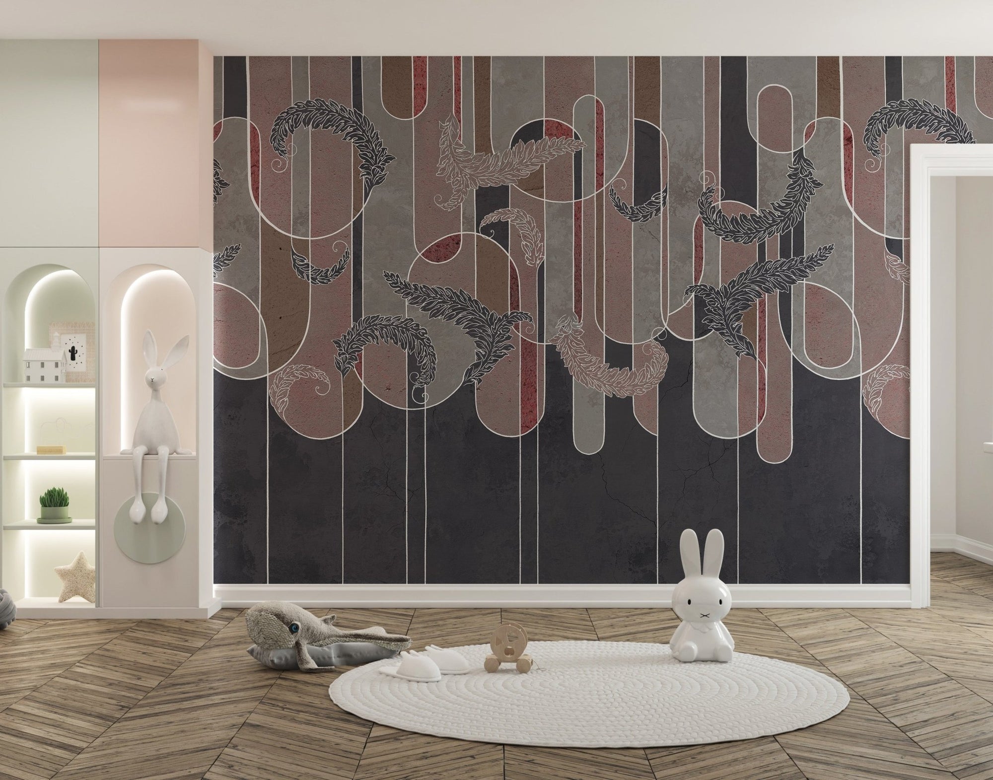 Nursery room with Gritty Deco Fusion wall mural and grey bird patterns