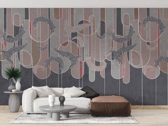 Living room sofa with charcoal and pink geometric deco wall mural.