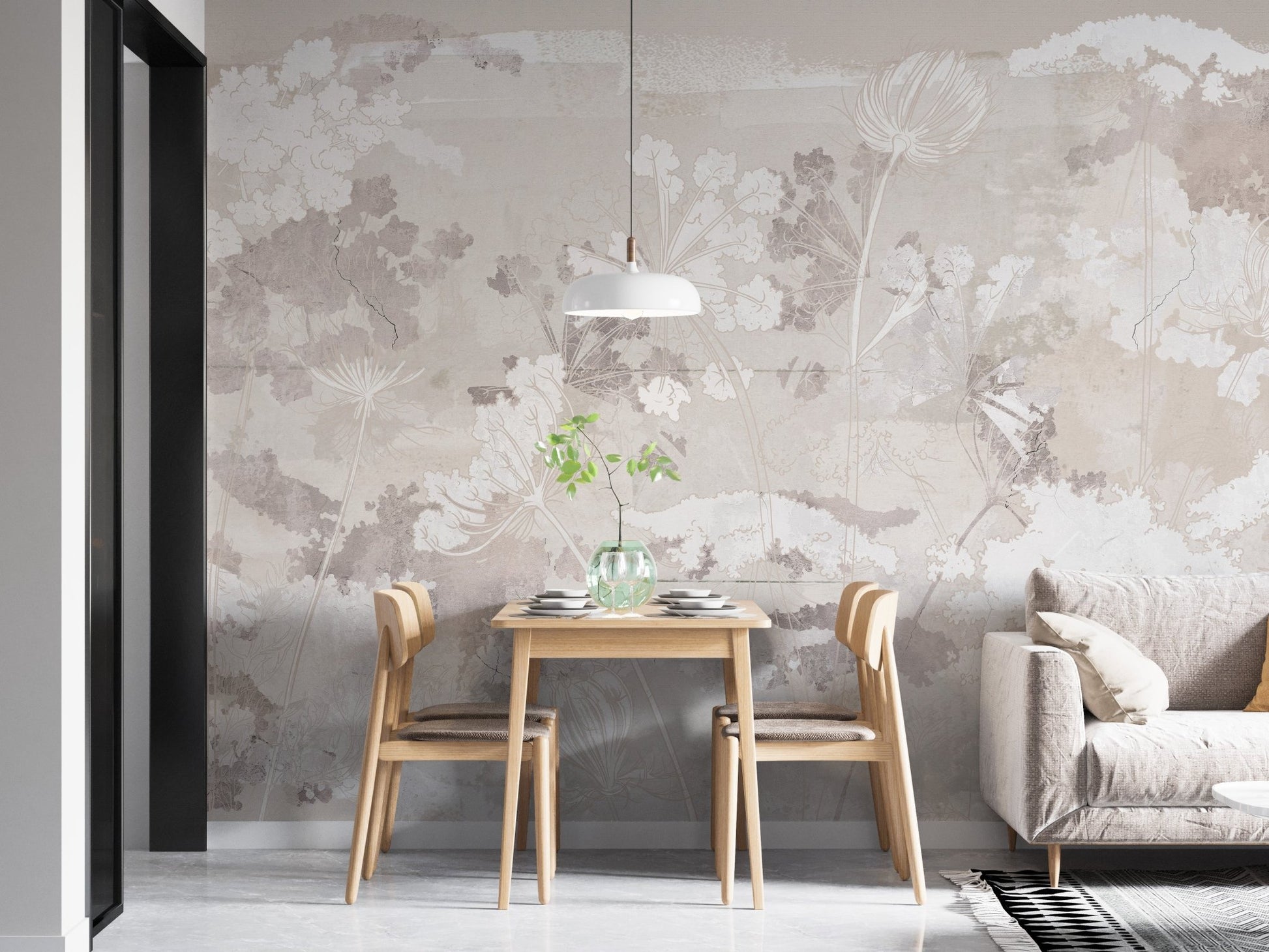 Grunge Garden wall mural in a minimalist dining room with wooden furniture.