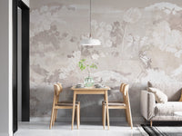 Grunge Garden wall mural in a minimalist dining room with wooden furniture.