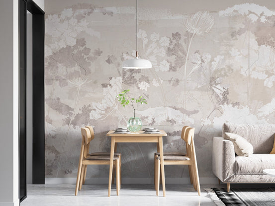 Grunge Garden wall mural in a minimalist dining room with wooden furniture.