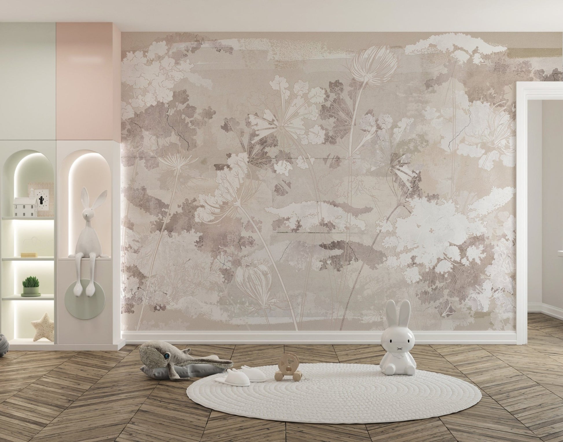 Grunge Garden wall mural as a feature wall in a modern playroom area.