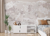 Floral garden wall mural behind a white sideboard in a bright bedroom setting.