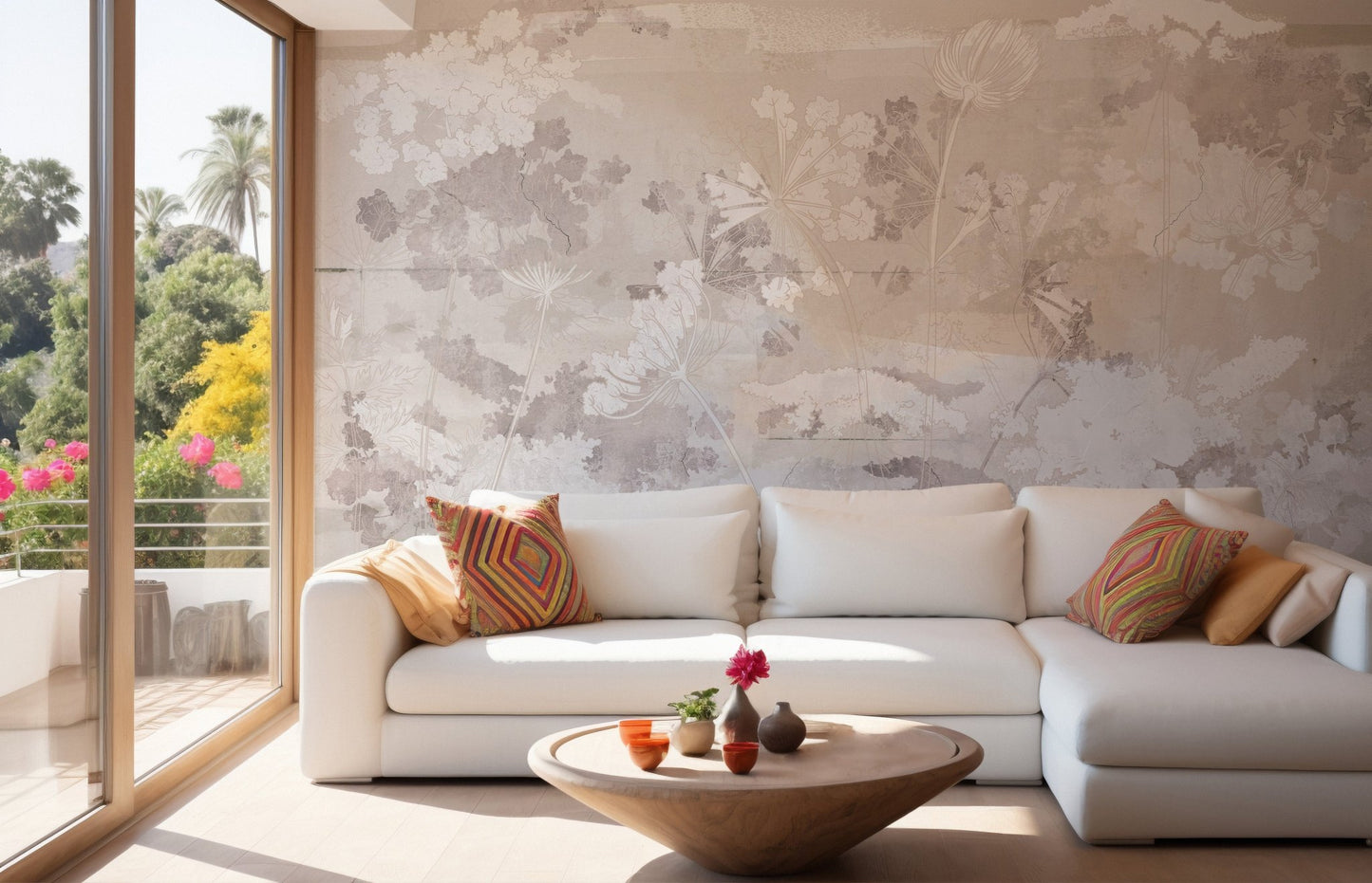 Abstract garden wall mural paired with a white sectional sofa and coffee table.