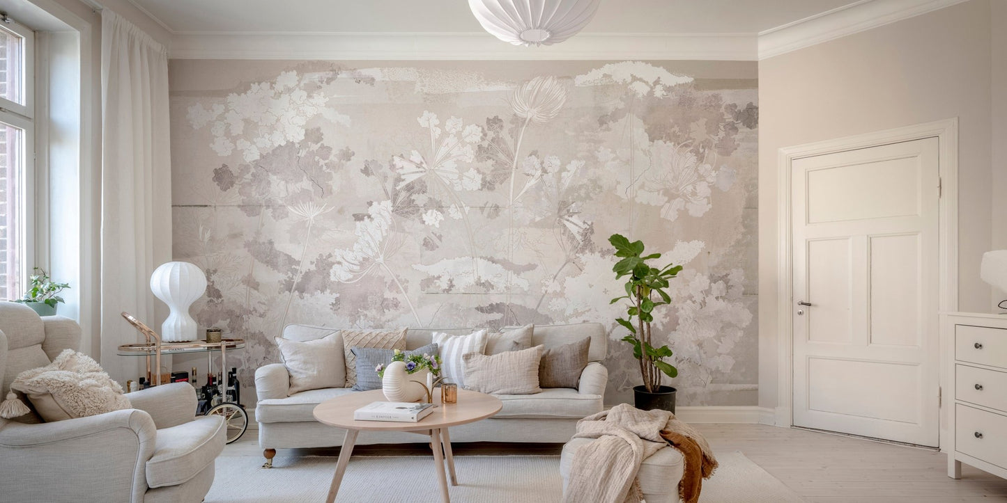 Neutral Grunge Garden wall mural in a spacious living room with a grey sofa.