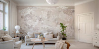 Neutral Grunge Garden wall mural in a spacious living room with a grey sofa.