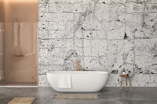 Black and white cracked concrete wallpaper with industrial texture pattern for bathroom backdrop.