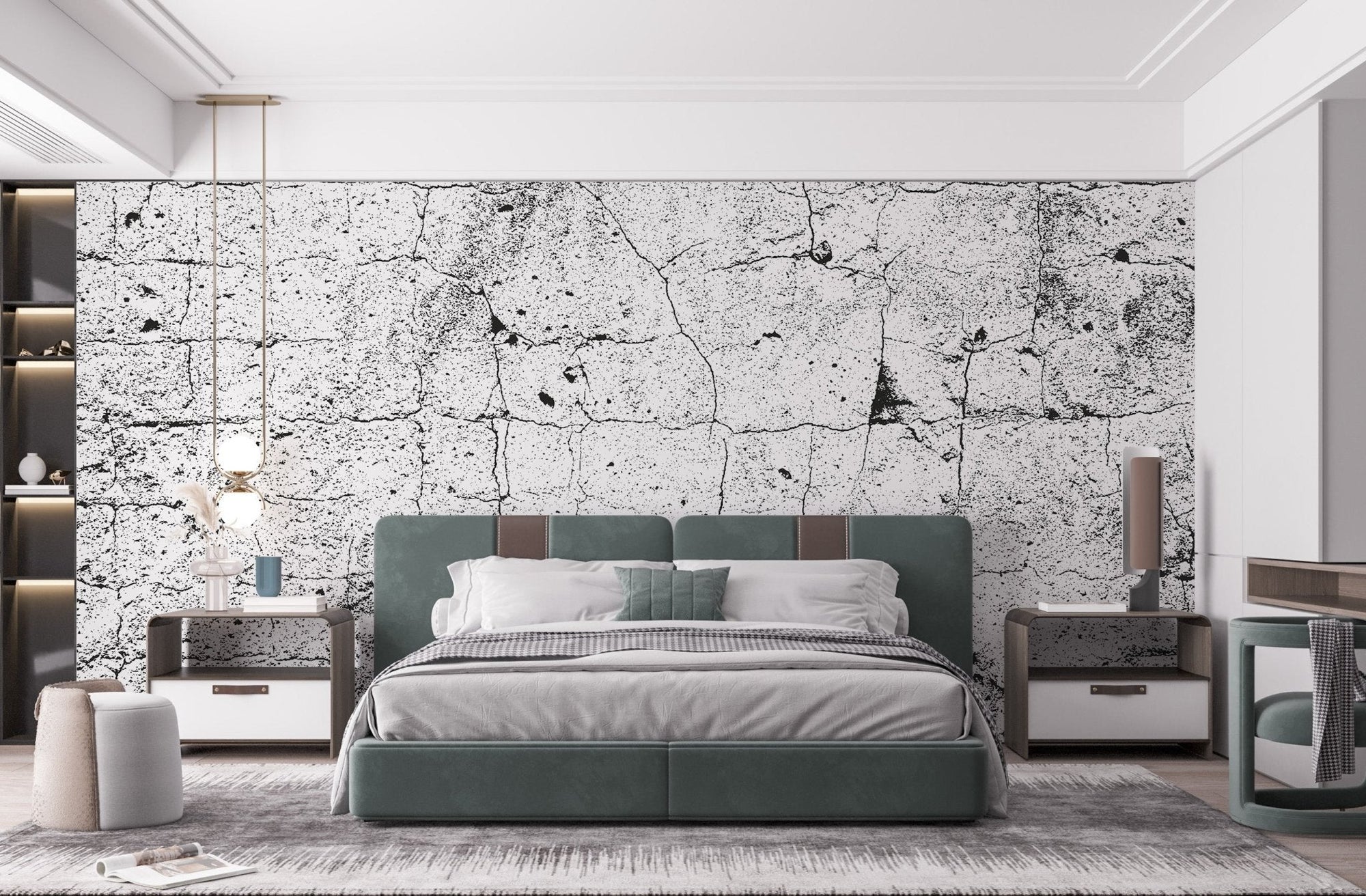 Grunge texture cracked concrete wallpaper for bedroom with distressed gray surface.