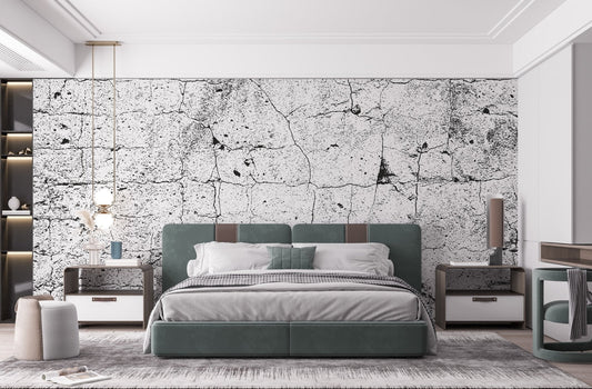 Grunge texture cracked concrete wallpaper for bedroom with distressed gray surface.