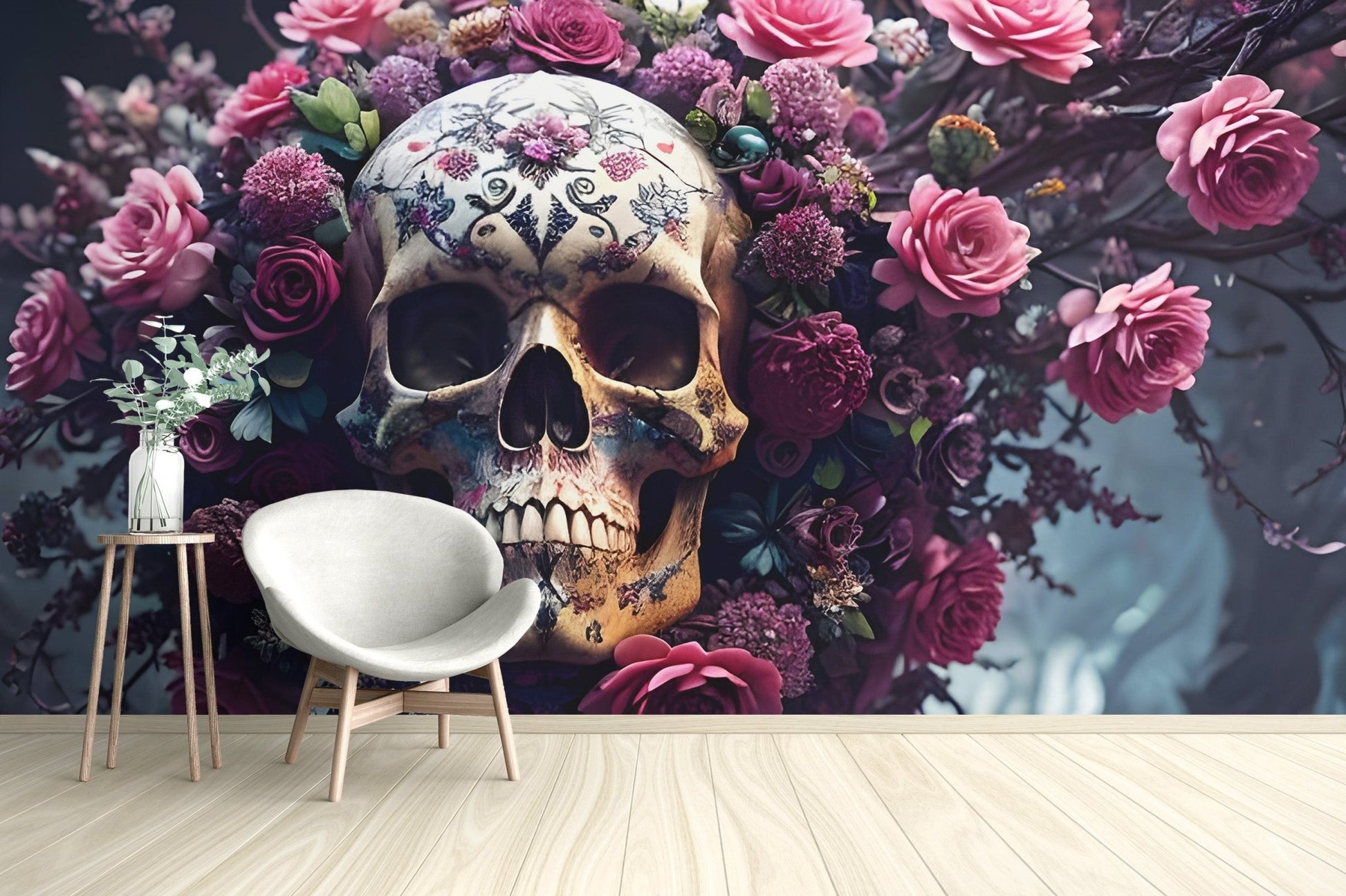 Elegant gothic floral wallpaper with pink blossoms and a weathered skull design.