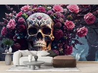 Textured skull wallpaper with purple hydrangea and rose petal details.