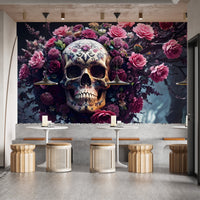Detailed gothic skull wallpaper surrounded by vibrant pink and purple roses.