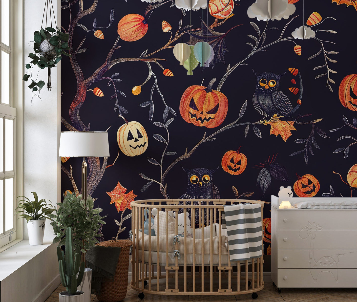Halloween Pumpkins and Owls Wall Mural - Wallanza