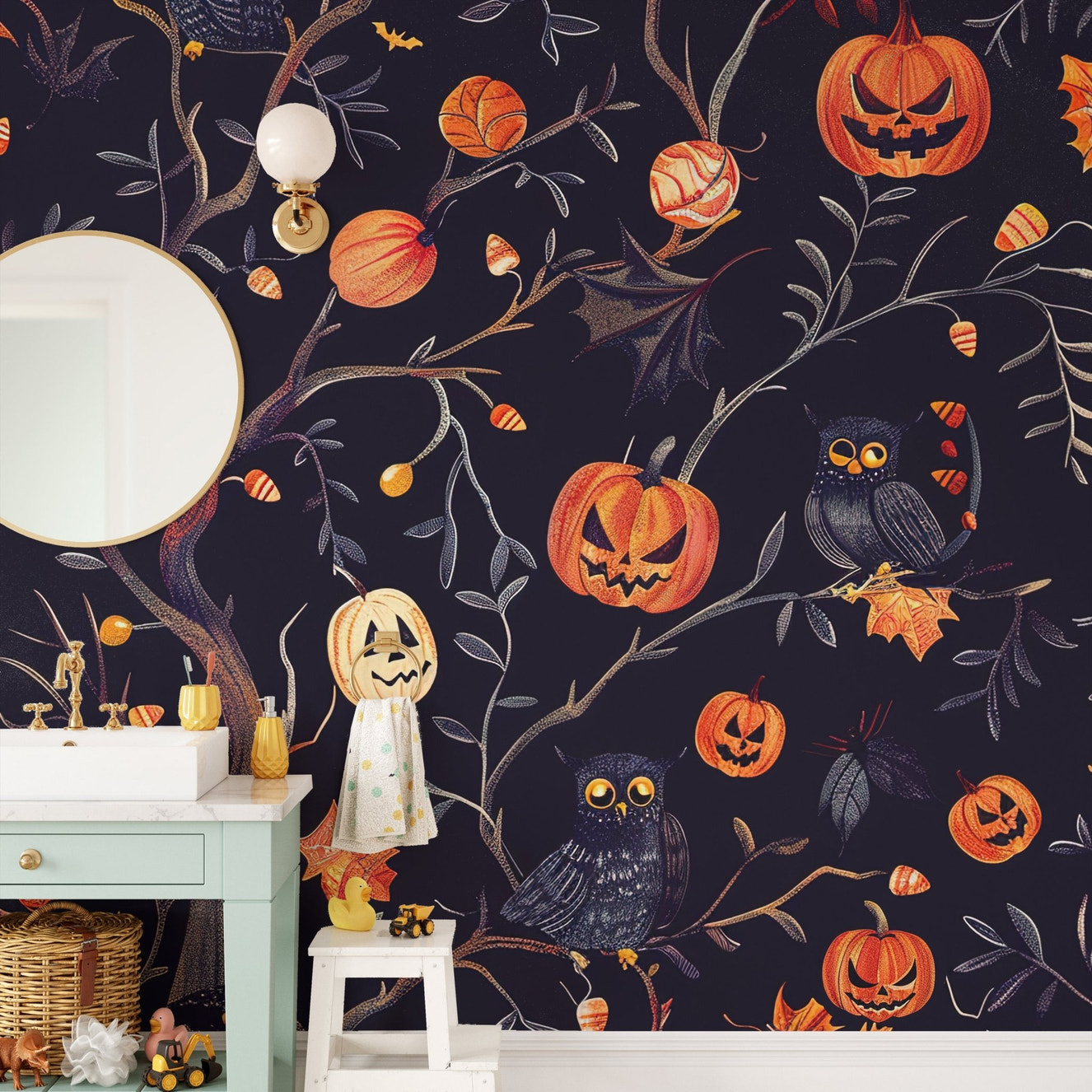 Vintage style halloween wall mural with carved pumpkins and nocturnal birds for home decor.