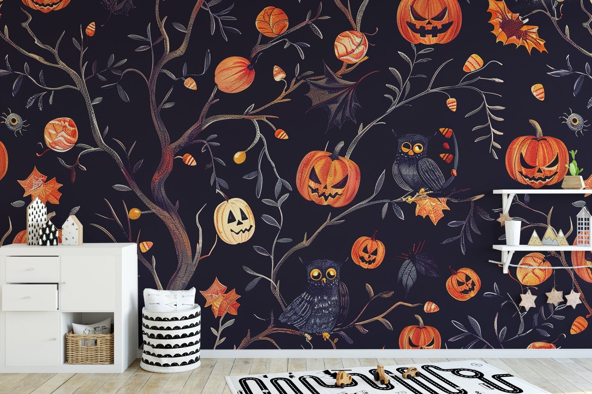 Halloween pumpkins mural featuring whimsical owls and orange seasonal foliage.