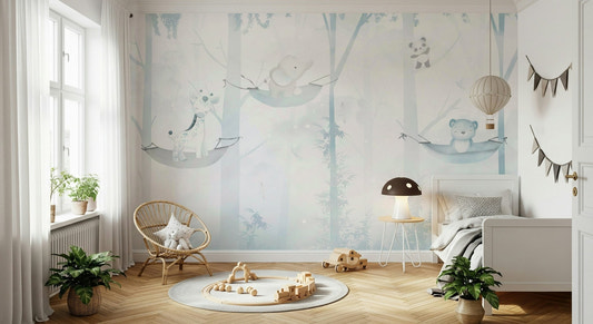 Hammock Time Blue Wall Mural depicting a peaceful beach scene with palm trees.