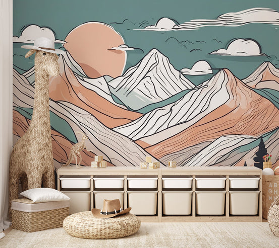 Abstract mountain wallpaper with sage green and terracotta peaks.