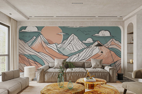 Hand-drawn mountain wall mural featuring a soft sun and clouds.