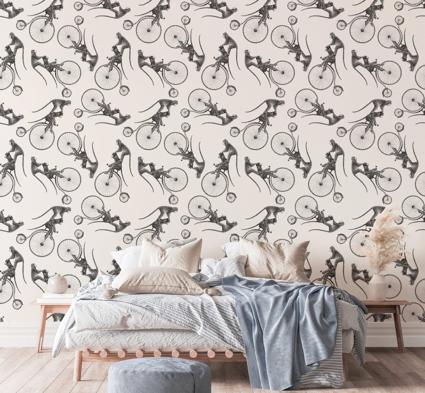 Whimsical monkey bike wallpaper design for charming bedroom wall decor
