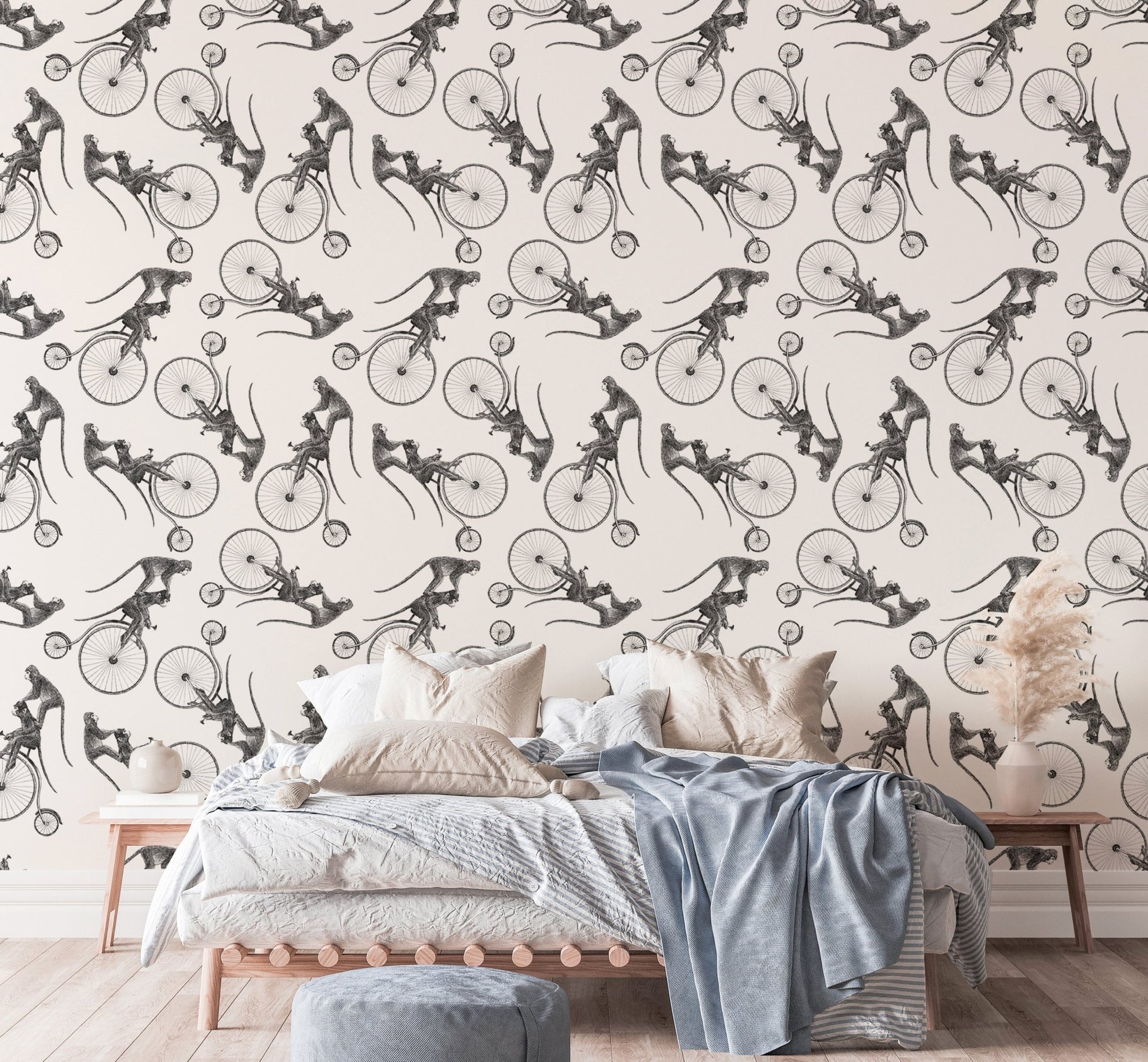 Whimsical monkey bike wallpaper design for charming bedroom wall decor