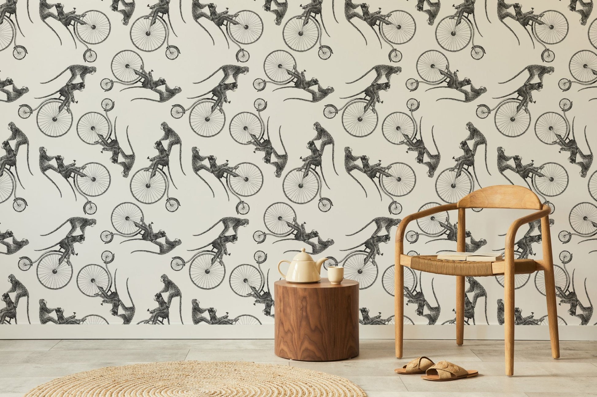 Adorable monkey on a bike wallpaper design for fun living room interiors