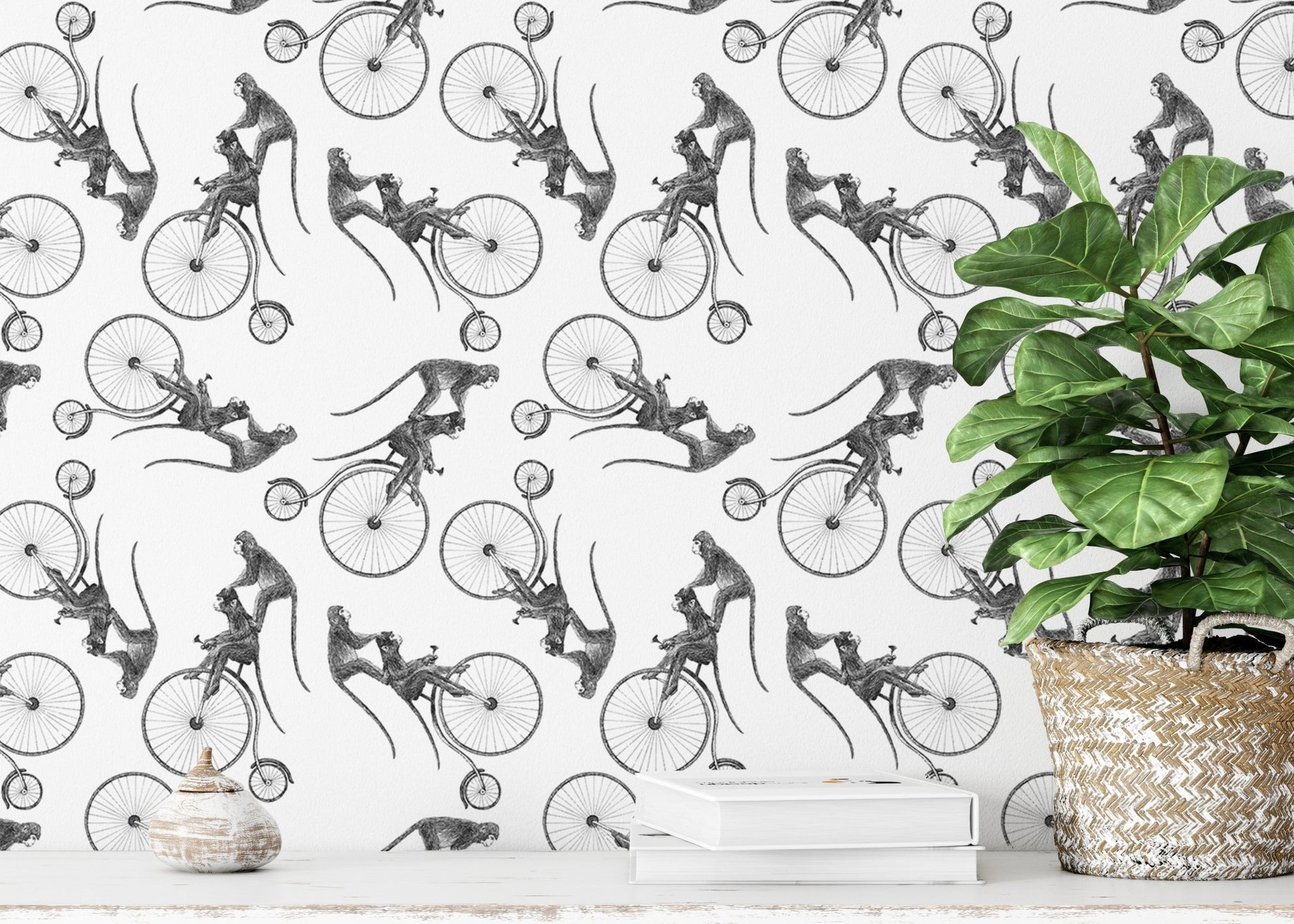Black and white monkey bicycle wallpaper in a room with a green potted plant.