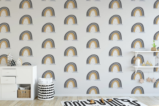 Hand drawn seamless rainbow wallpaper with gray and mustard arch pattern for nursery.